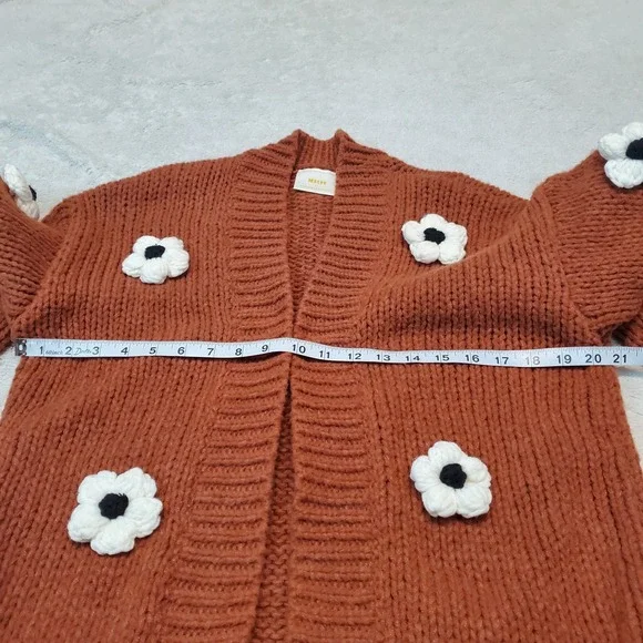 Anthropologie Maeve Brown Rust Chunky Knit Floral Cottagecore Cardigan One Size - Picture 7 of 7